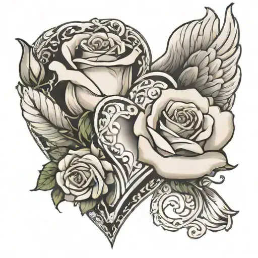 white rose within a heart with angel wings spread tattoo design idea