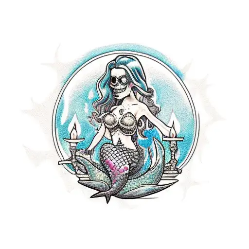 A mermaid sitting on a pile of crystals, with a skull and candle nearby tattoo design idea