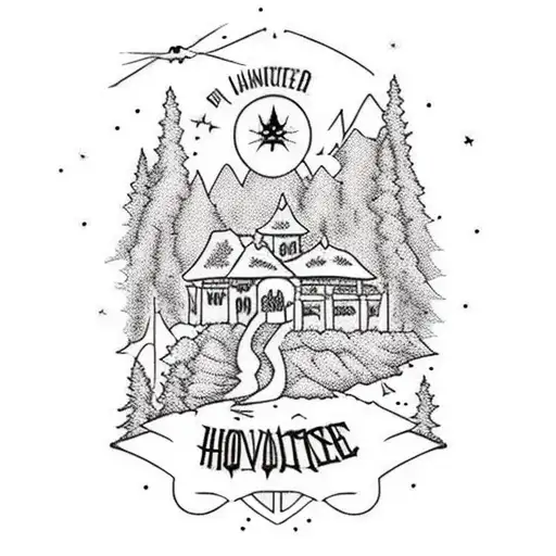 A hiking trail leading to a haunted house surrounded by candles tattoo design idea