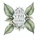 lifelike eucalyptus leaves on the two collarbones and between them with gothic font "vivi per il momento" tattoo design idea