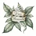 lifelike eucalyptus leaves on the two collarbones and between them with gothic font "vivi per il momento" tattoo design idea