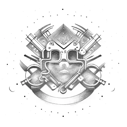 Drum and bass-themed graffiti mural with carpenter tools tattoo design idea