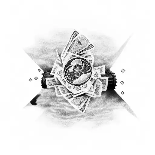 A captivating black-grey tattoo showcasing a powerful engine with money flying around it tattoo design idea