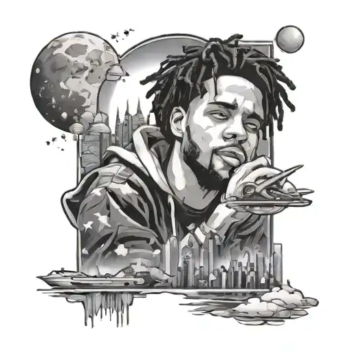 "love yourz j cole with stars, smoke and city skyline reflecting ocean  tattoo design idea