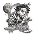 "love yourz j cole with stars, smoke and city skyline reflecting ocean  tattoo design idea