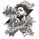 "love yourz j cole with stars, smoke and city skyline reflecting ocean  tattoo design idea
