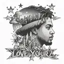 "love yourz j cole with stars, smoke and city skyline reflecting ocean  tattoo design idea