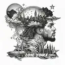 "love yourz j cole with stars, smoke and city skyline reflecting ocean  tattoo design idea