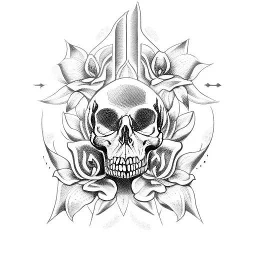 2 skulls pierced by a dagger surrounded by lilies flowers tattoo design idea