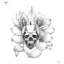 2 skulls pierced by a dagger surrounded by lilies flowers tattoo design idea
