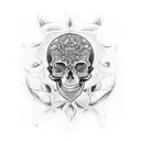 2 skulls pierced by a dagger surrounded by lilies flowers tattoo design idea