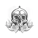 2 skulls pierced by a dagger surrounded by lilies flowers tattoo design idea