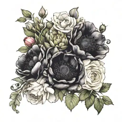 anemone, ranunsculus, carnation bouquet tattoo design idea