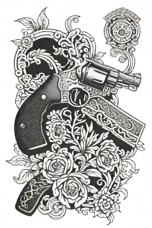 A tattoo of a elegant lace pattern intertwined with a revolver and horseshoe, symbolizing the client's love for guns, horses, and country living tattoo design idea