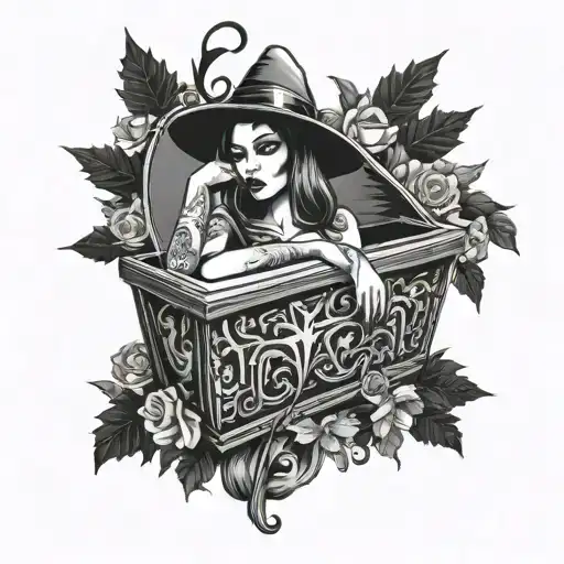 coffin with sexy witch inside tattoo design idea