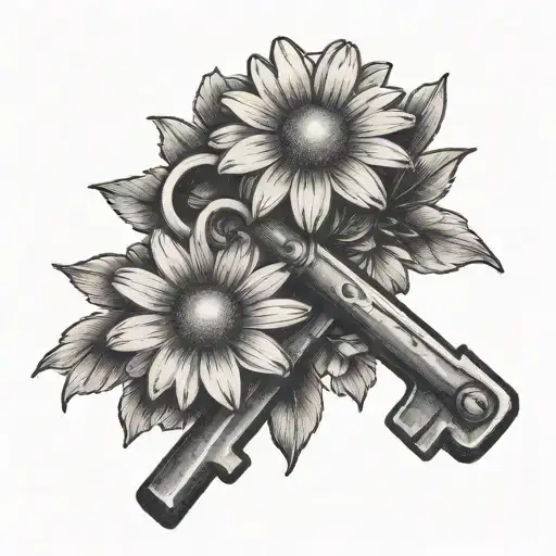 old Keys crossing each other surrounded by daisy flowers tattoo design idea