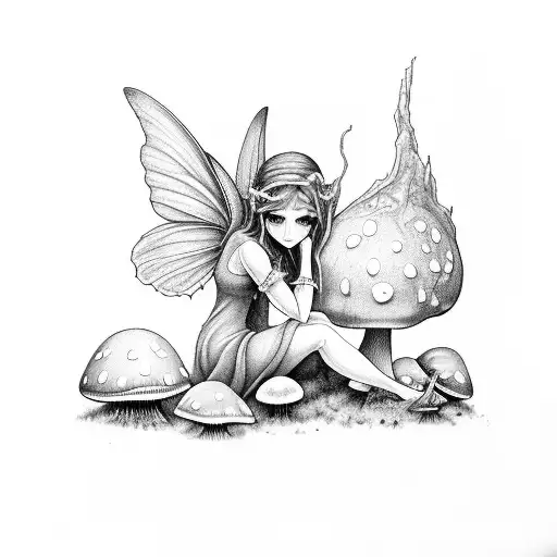 Melancholic Fairy Lying On A Mushroom tattoo design idea