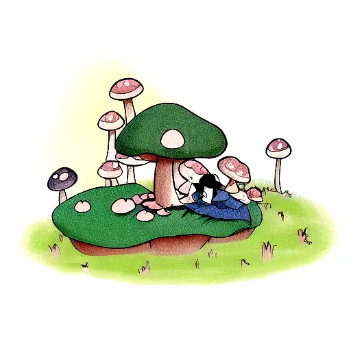 Melancholic Fairy Lying On A Mushroom tattoo design idea
