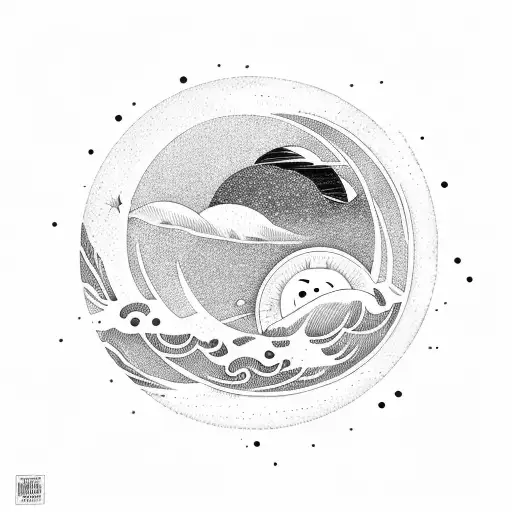A celestial landscape with a sun and moon surrounded by stars and waves crashing on the shore tattoo design idea