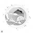 A celestial landscape with a sun and moon surrounded by stars and waves crashing on the shore tattoo design idea