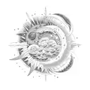 A celestial landscape with a sun and moon surrounded by stars and waves crashing on the shore tattoo design idea