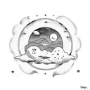A celestial landscape with a sun and moon surrounded by stars and waves crashing on the shore tattoo design idea