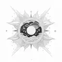 A celestial landscape with a sun and moon surrounded by stars and waves crashing on the shore tattoo design idea