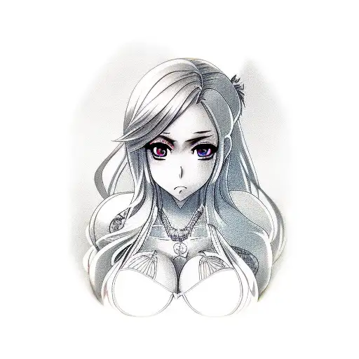 Realistic portrait of a busty anime woman as a video game character tattoo design idea