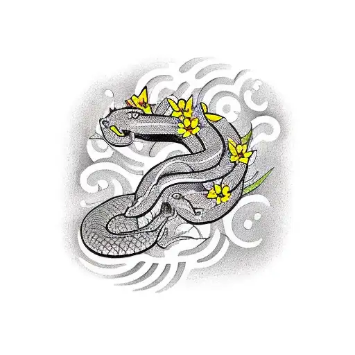 garden with Lillies, tulips and daffodils with a farm sign saying snake farm bjj tattoo design idea