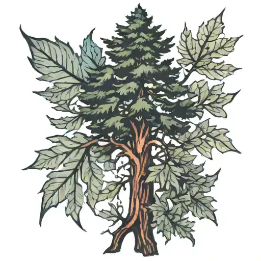 redwood trees and maple leaves tattoo design idea