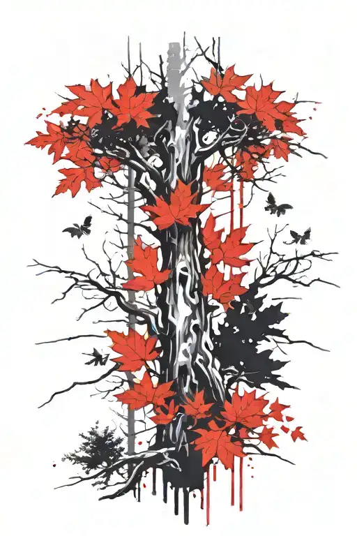 redwood tree and maple leaves tattoo design idea