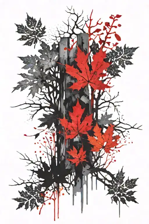 multiple redwood trees and maple leaves tattoo design idea