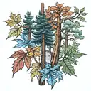 redwood trees and maple leaves tattoo design idea