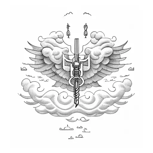 caduceus ( Hermes staff) with clouds around it tattoo design idea