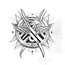 caduceus ( Hermes staff) with clouds around it tattoo design idea