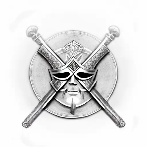 small forearm tattoo of a masked warrior above a oval wooden cross that implants into your arm like a sword  tattoo design idea