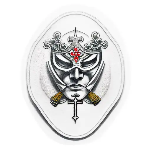 small forearm tattoo of a masked warrior above a oval wooden cross that implants into your arm like a sword  tattoo design idea