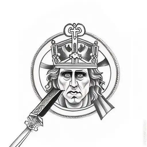 small forearm tattoo of king Baldwin IV above a oval wooden cross that implants into your arm like a sword  tattoo design idea