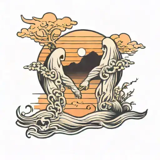 two ghosts holding hands while watching a sunset on the beach tattoo design idea