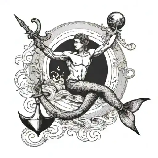 A merman gracefully holding a Libra scale under the moonlight tattoo design idea