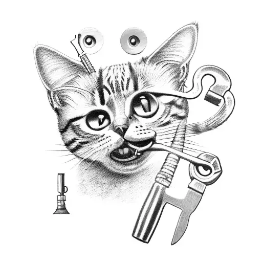 A dotwork tattoo of a cat with a mechanic's wrench in its mouth tattoo design idea
