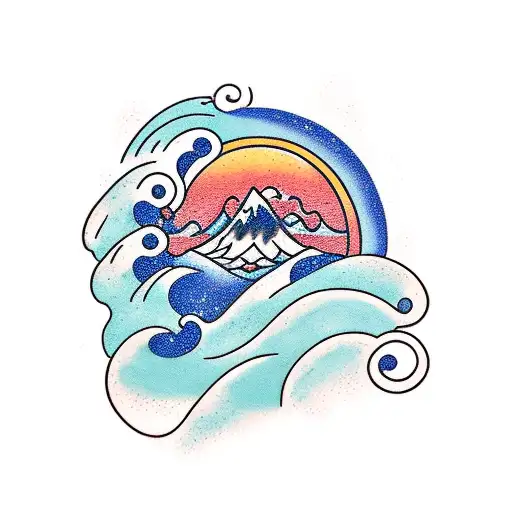 mountain range with waves crashing at the base, symbolizing the client's love for nature and ocean wildlife tattoo design idea