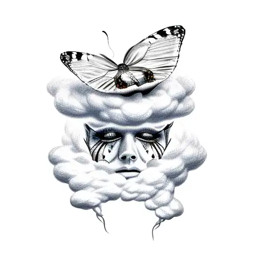 A sketch of a butterfly emerging from a cloud of smoke tattoo design idea