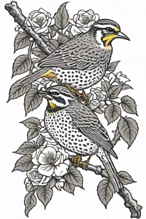 western meadowlark on chokecherry branch with prairie roses tattoo design idea