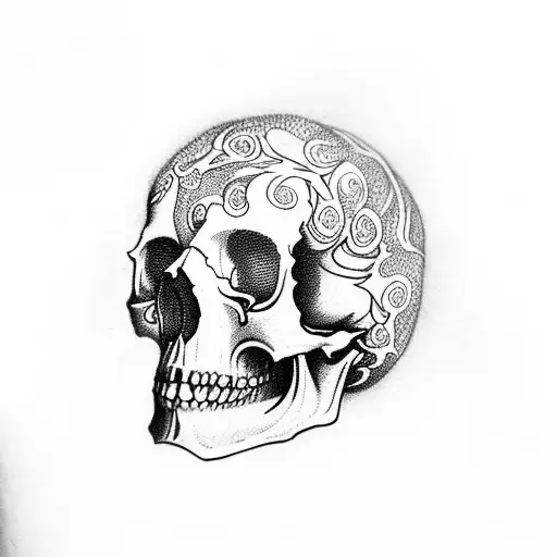 An intricately detailed skull surrounded by swirling smoke tattoo design idea