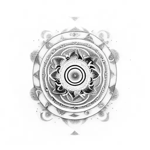 A dotwork tattoo of a yin and yang symbol surrounded by the seven chakras, representing the balance between martial arts and meditation tattoo design idea