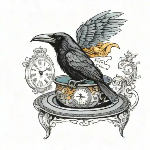A raven, perched on a 'mad hatter' top hat with a tea cup and clock  tattoo design idea