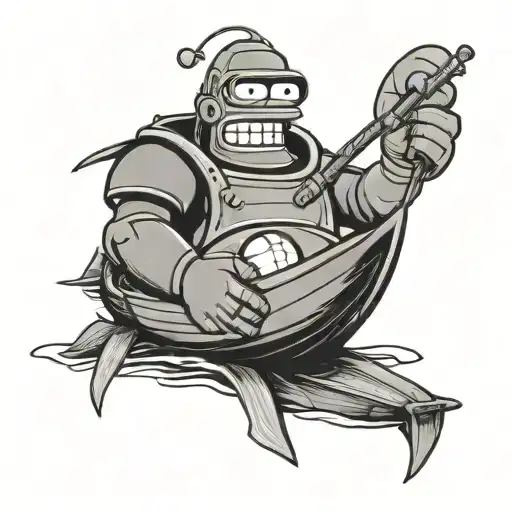 Bender from Futurama  in a row boat holding a rugby ball with the Warriors team logo on it tattoo design idea