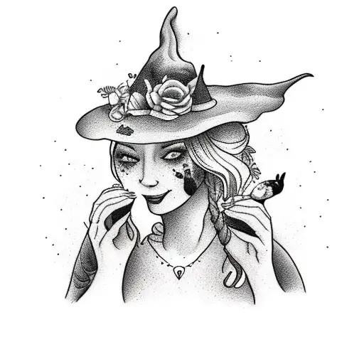 A tea-loving witch surrounded by farm animals and nature elements tattoo design idea