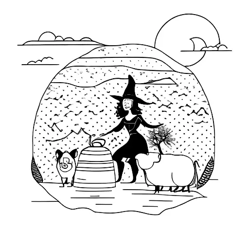 A tea-loving witch surrounded by farm animals and nature elements tattoo design idea